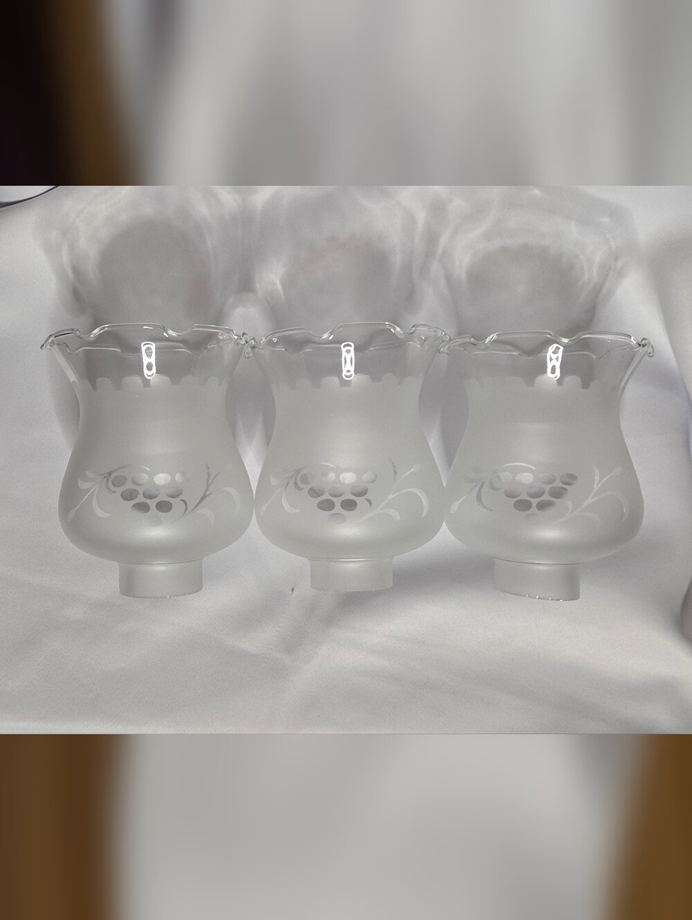 3 Colonial Style Frosted Glass Lamp Shades 1-5/8” Fitter Etched Grapes 5”